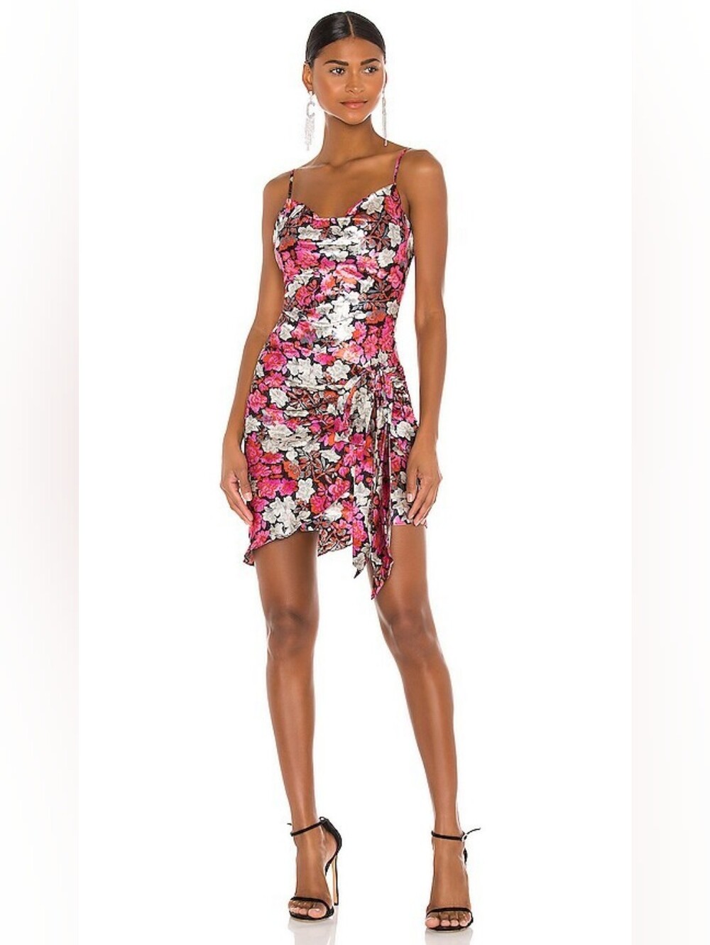 Cinq A Sept Whitney Satin Floral Cascade Gathered Cowl Neck Mini Dress Size 4